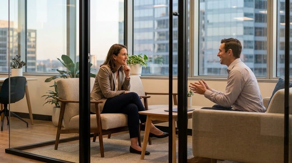Executive coach demonstrating coaching stance through focused listening during a professional coaching session