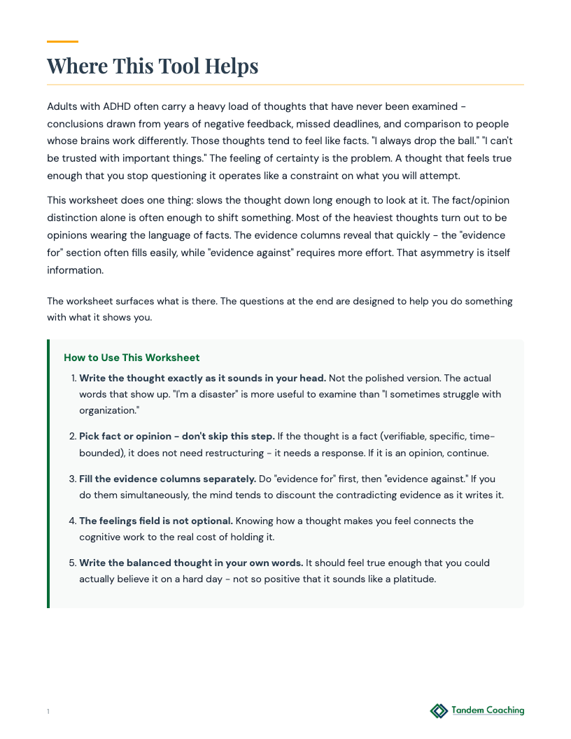 ADHD Thought Reflection Worksheet - preview