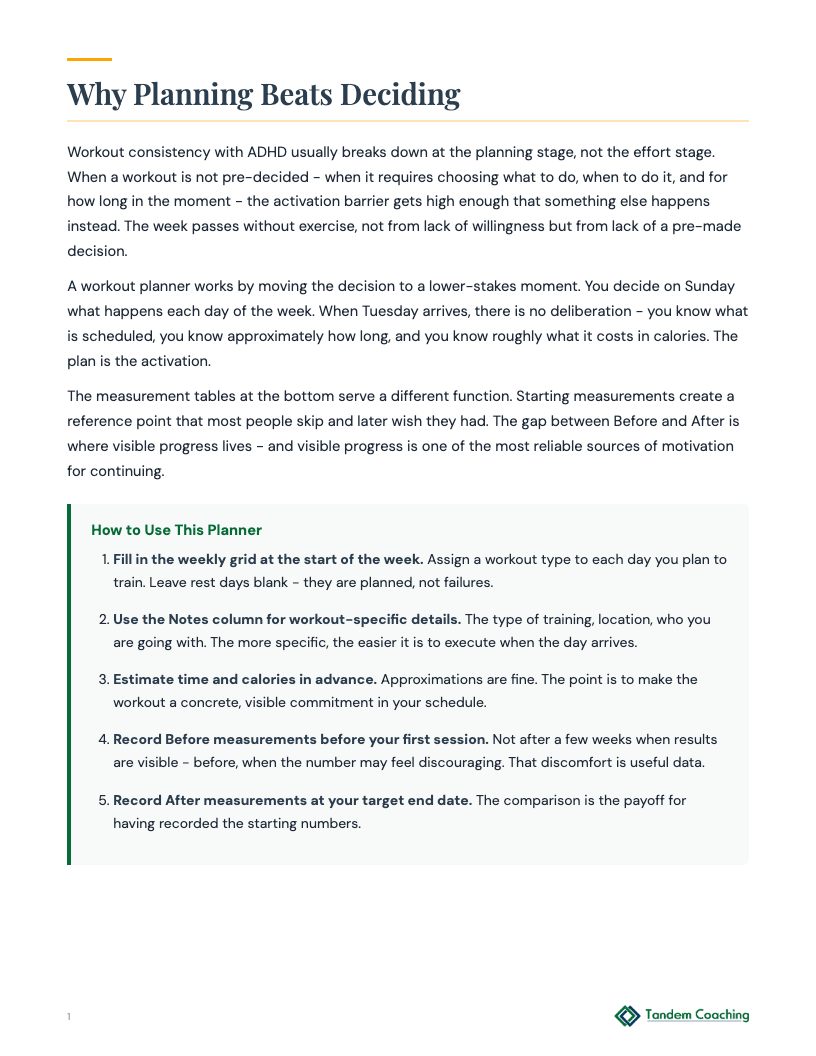 ADHD Weekly Workout Planner - preview