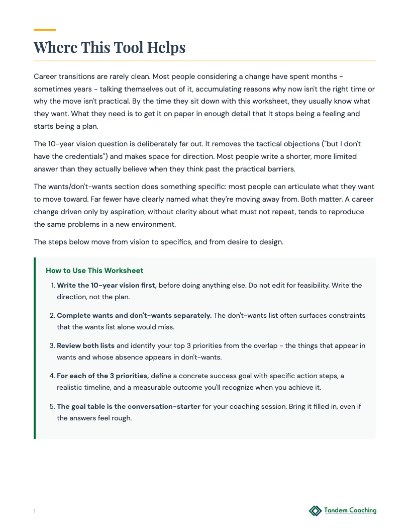 Career Change Exploration Worksheet - preview