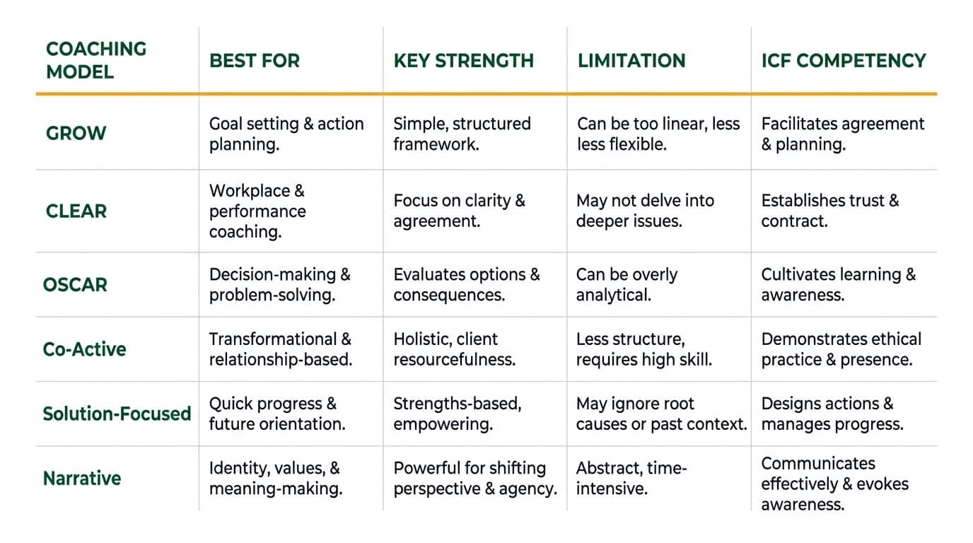 Comparison matrix of six coaching models with strengths, limitations, and ICF competency mapping