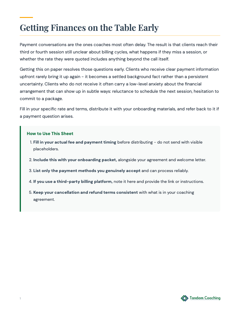 Coaching Payment Information - preview