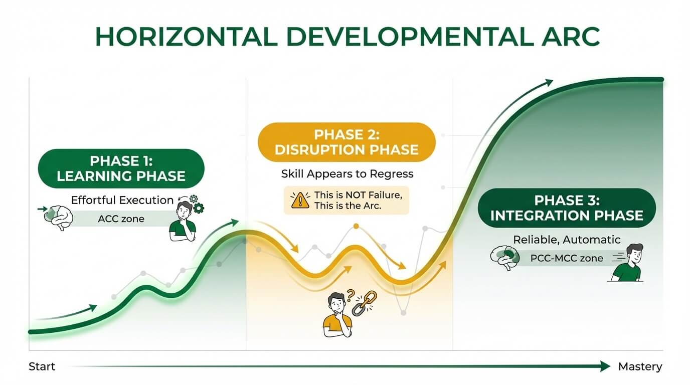 Infographic showing the non-linear developmental arc of coaching skills from learning through disruption to integration