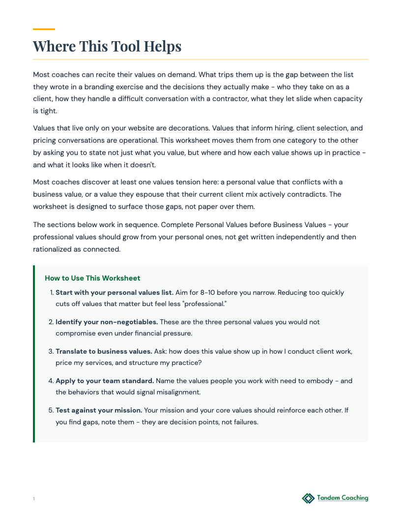 Core Values Worksheet (Business) - preview