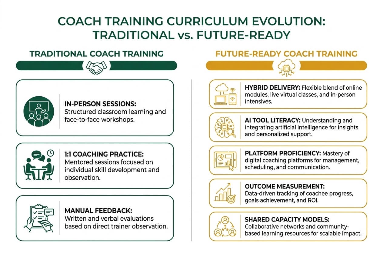 Infographic comparing traditional coach training curriculum elements with future-ready additions including AI literacy and technology integration
