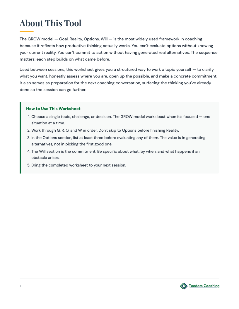 GROW Model Coaching Worksheet - preview