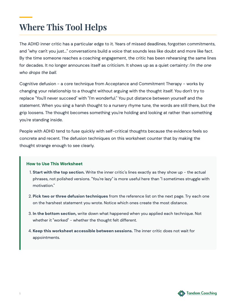 Inner Critic Defusion Worksheet - preview