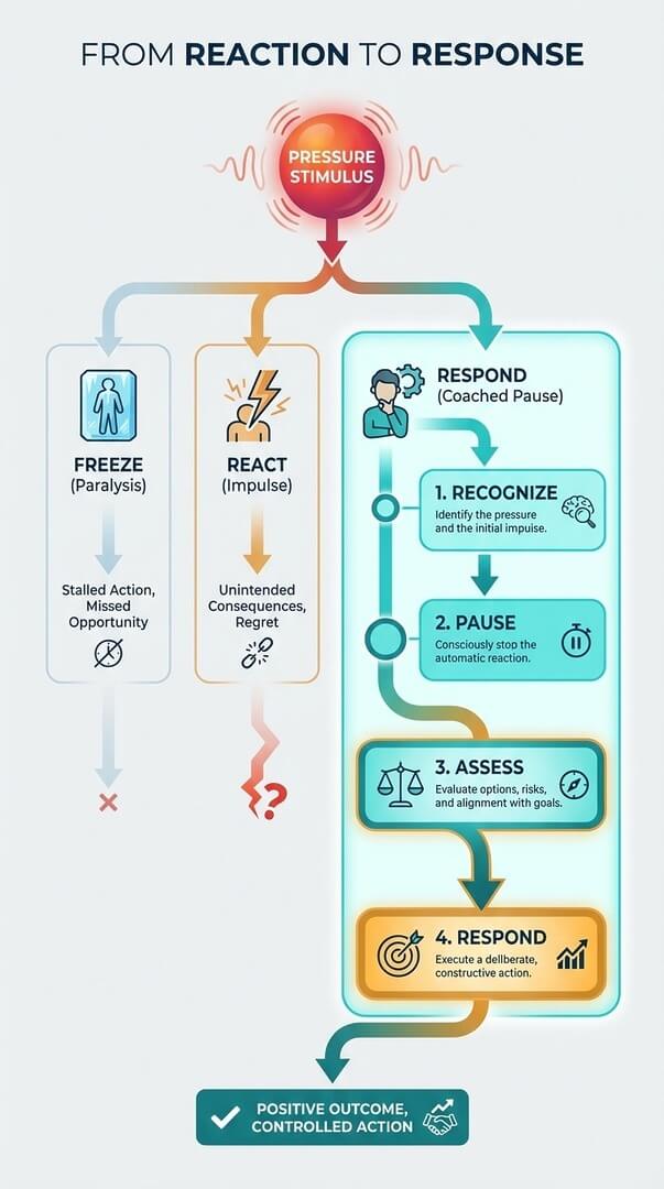 Infographic showing the decision pathway from pressure stimulus to coached response, contrasting freeze and impulse reactions with the coached pause approach
