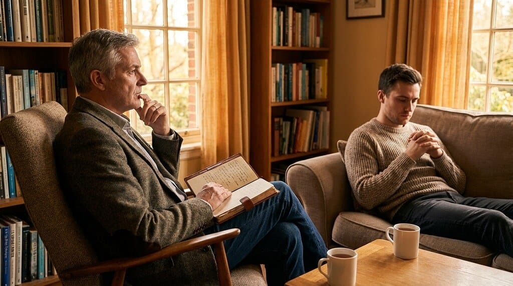 A coach and client pause for reflection during a coaching debrief session