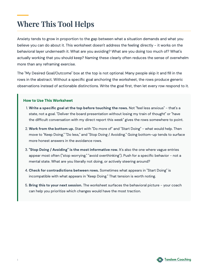 Managing Anxiety: A Behavioral Mapping Worksheet - preview