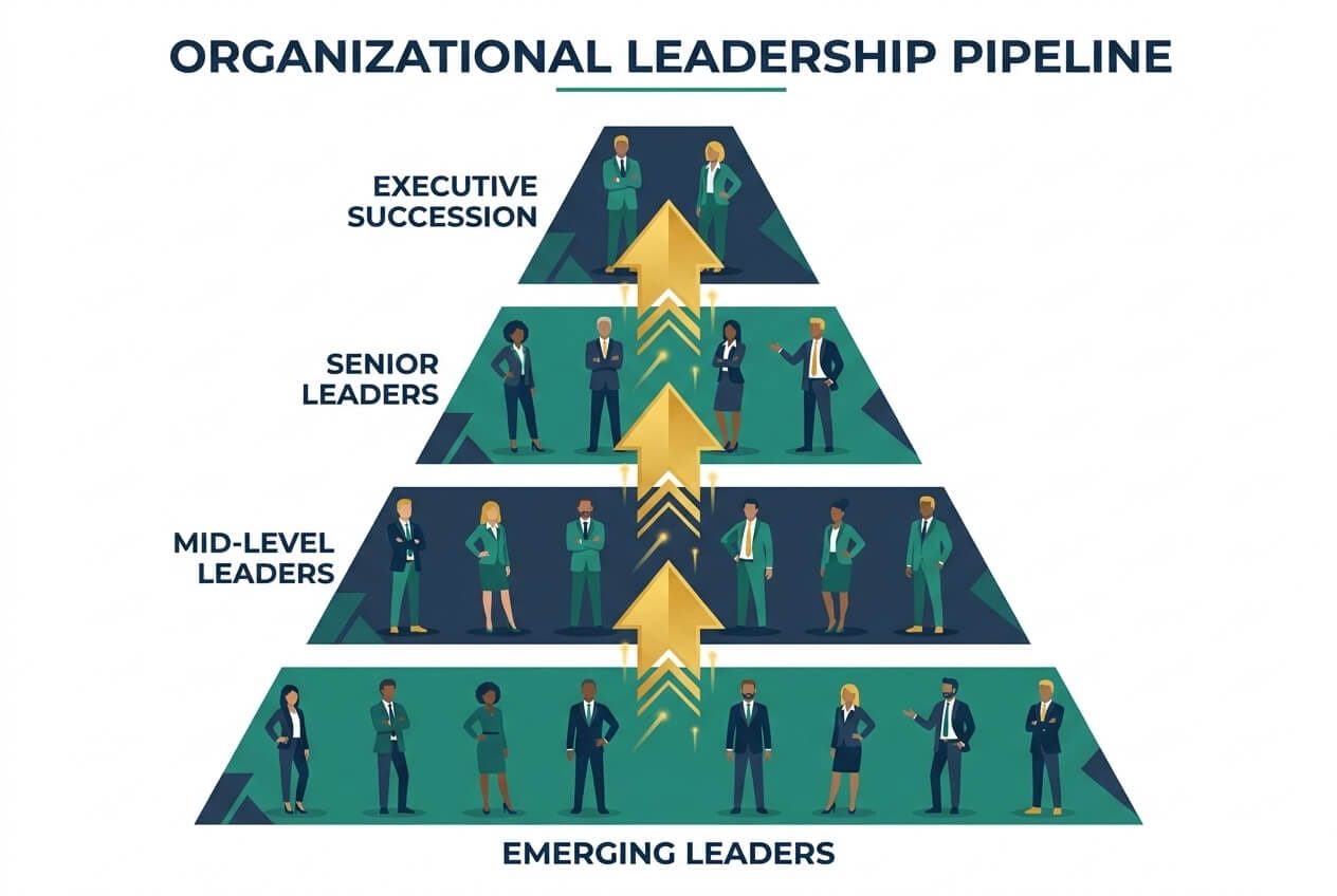 Leadership succession depth diagram showing multiple leaders prepared at each organizational level