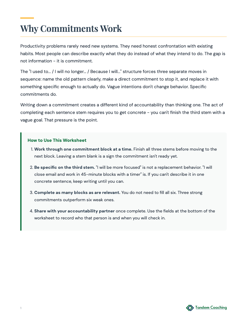 Productivity Commitment Worksheet - preview