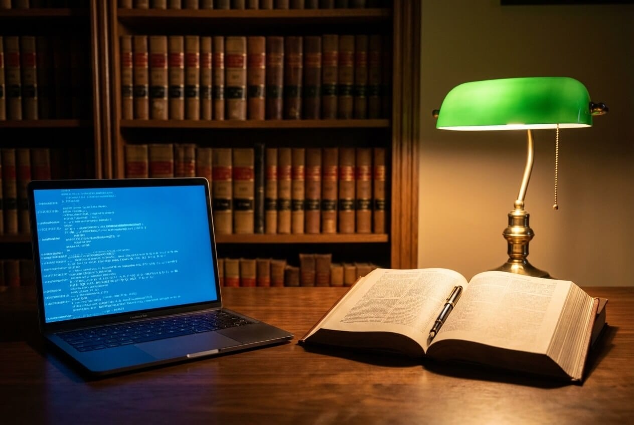 A law library corner with leather-bound legal volumes filling a wooden bookshelf, a walnut desk holding a modern laptop displaying code in cool blue light beside an open law book lit by a warm brass banker's lamp