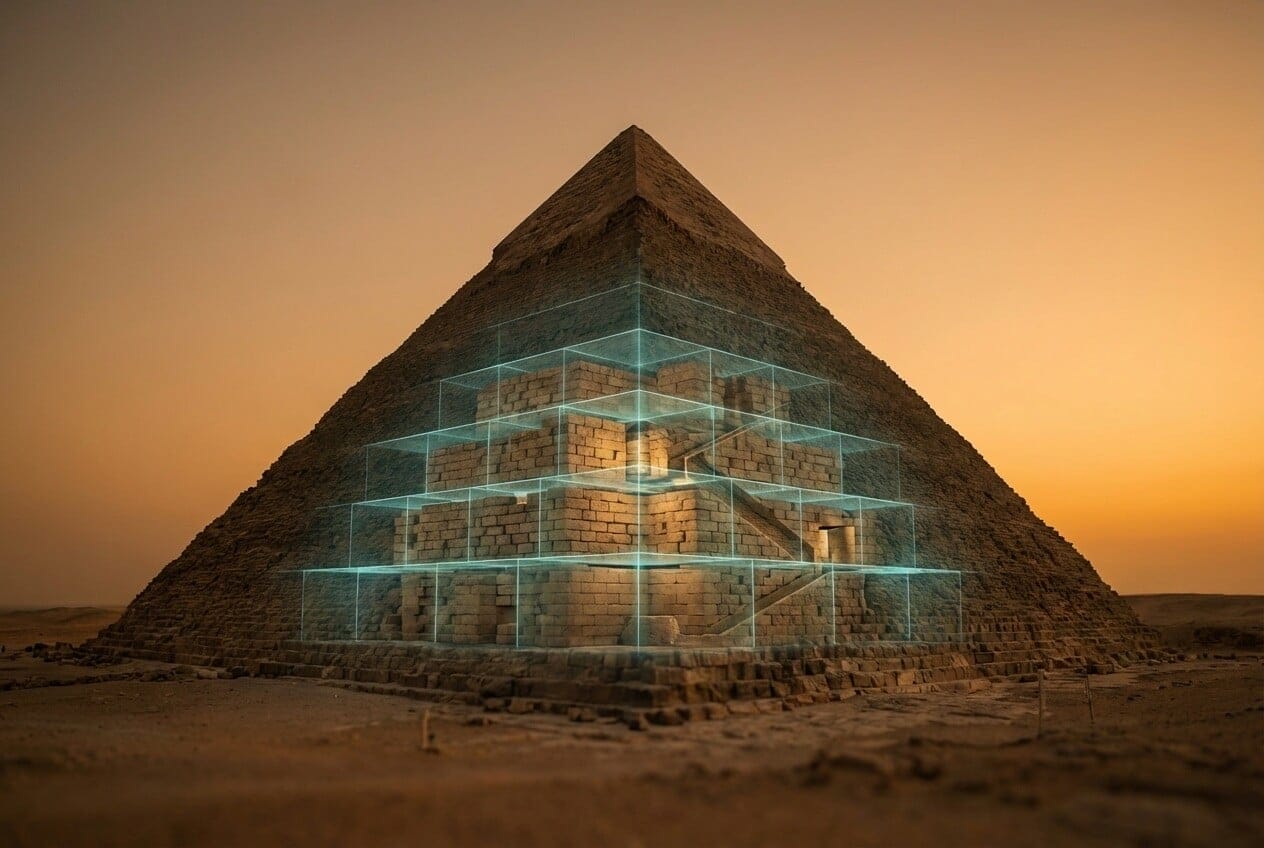 An ancient stone pyramid at dusk with a glowing x-ray layer revealing the internal structural blocks and hidden chambers beneath the visible exterior
