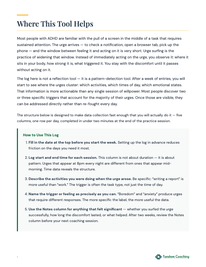 Urge Surfing Weekly Log - preview