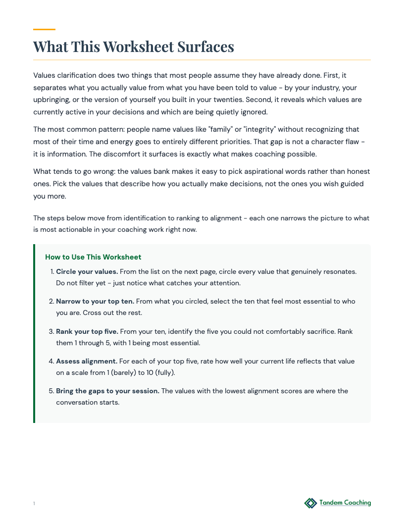 Values Clarification Worksheet - preview