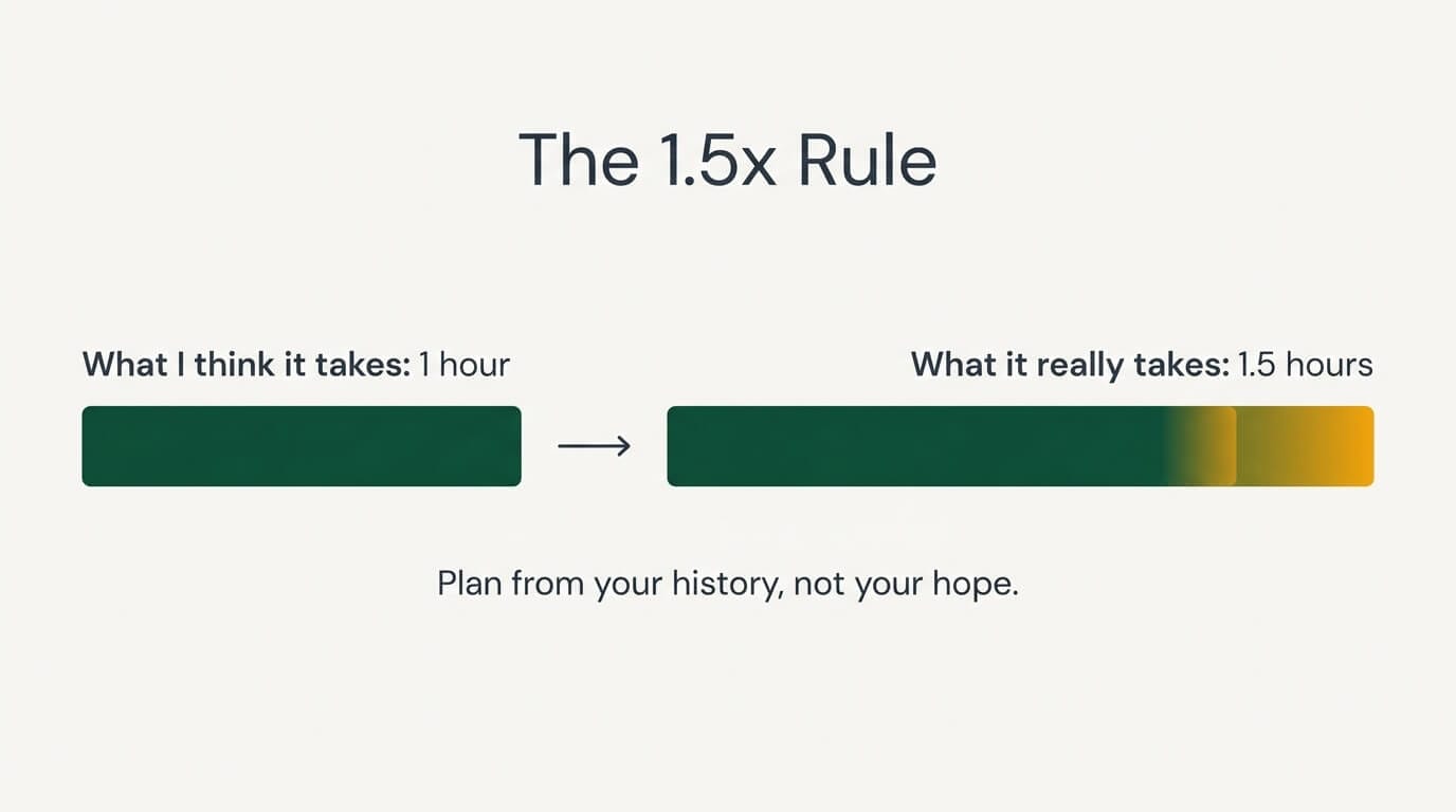 Infographic of the 1.5x rule: a one-hour estimate really takes an hour and a half