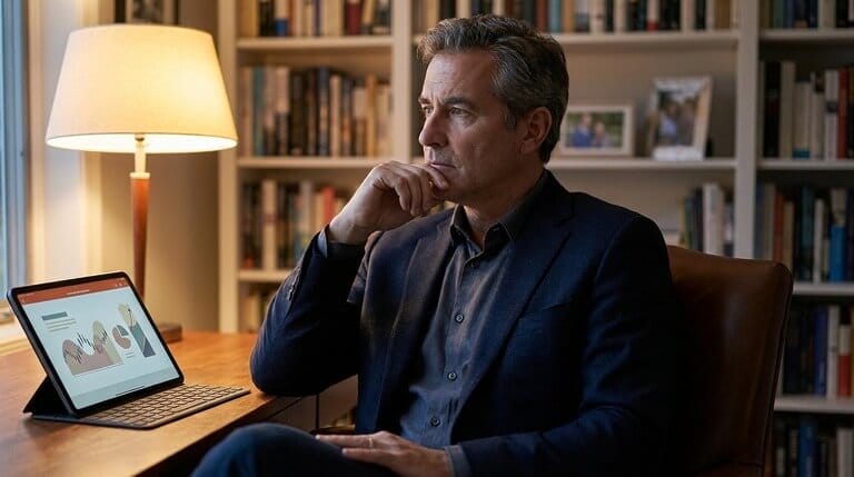 Senior executive at home study desk reading an AI transformation roadmap on a tablet under warm evening lamp light, considering implications for their career