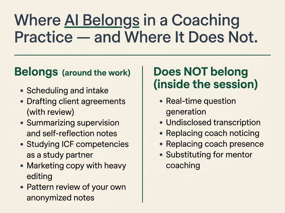Comparison chart showing where AI belongs in a coaching practice &mdash; administrative and learning tasks around the work &mdash; versus where it does not belong, which is inside the live coaching session.