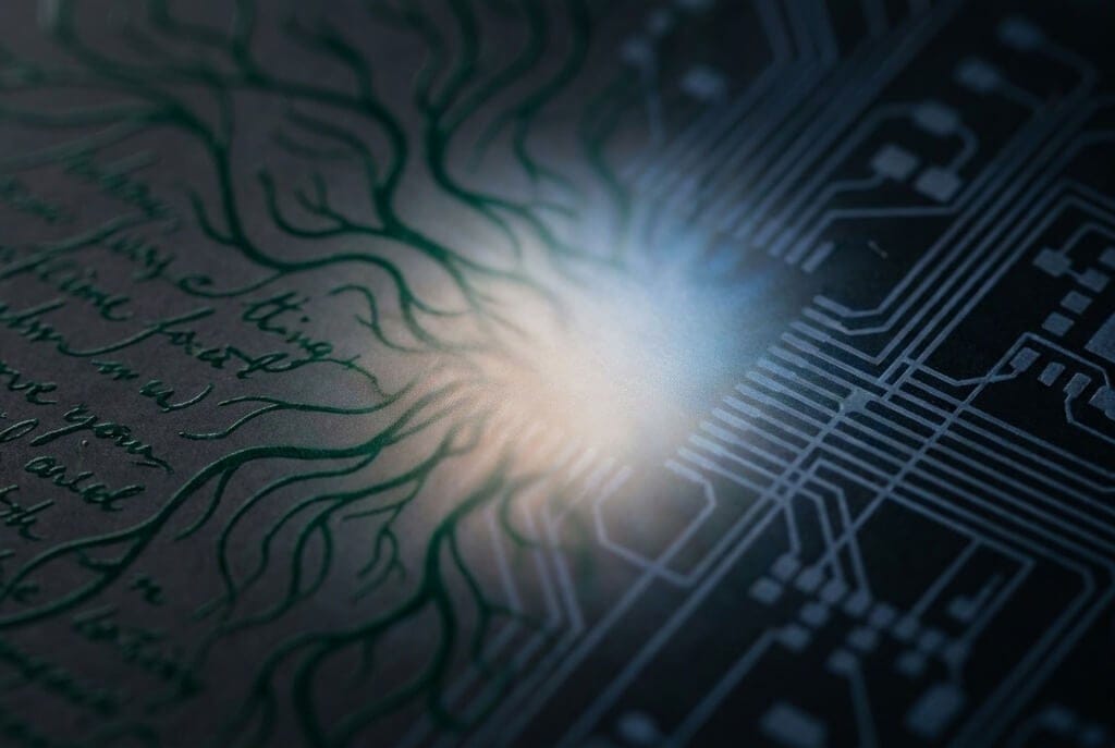 Abstract illustration of the boundary between human presence and machine intelligence in a coaching context