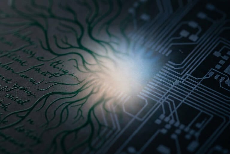 Abstract illustration of the boundary between human presence and machine intelligence in a coaching context