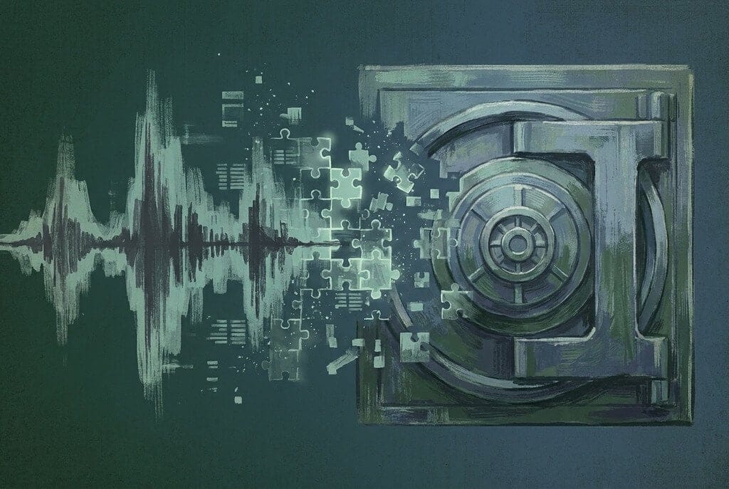 Abstract visualization of a coaching session audio waveform fragmenting into encrypted data, representing AI note-taker confidentiality concerns