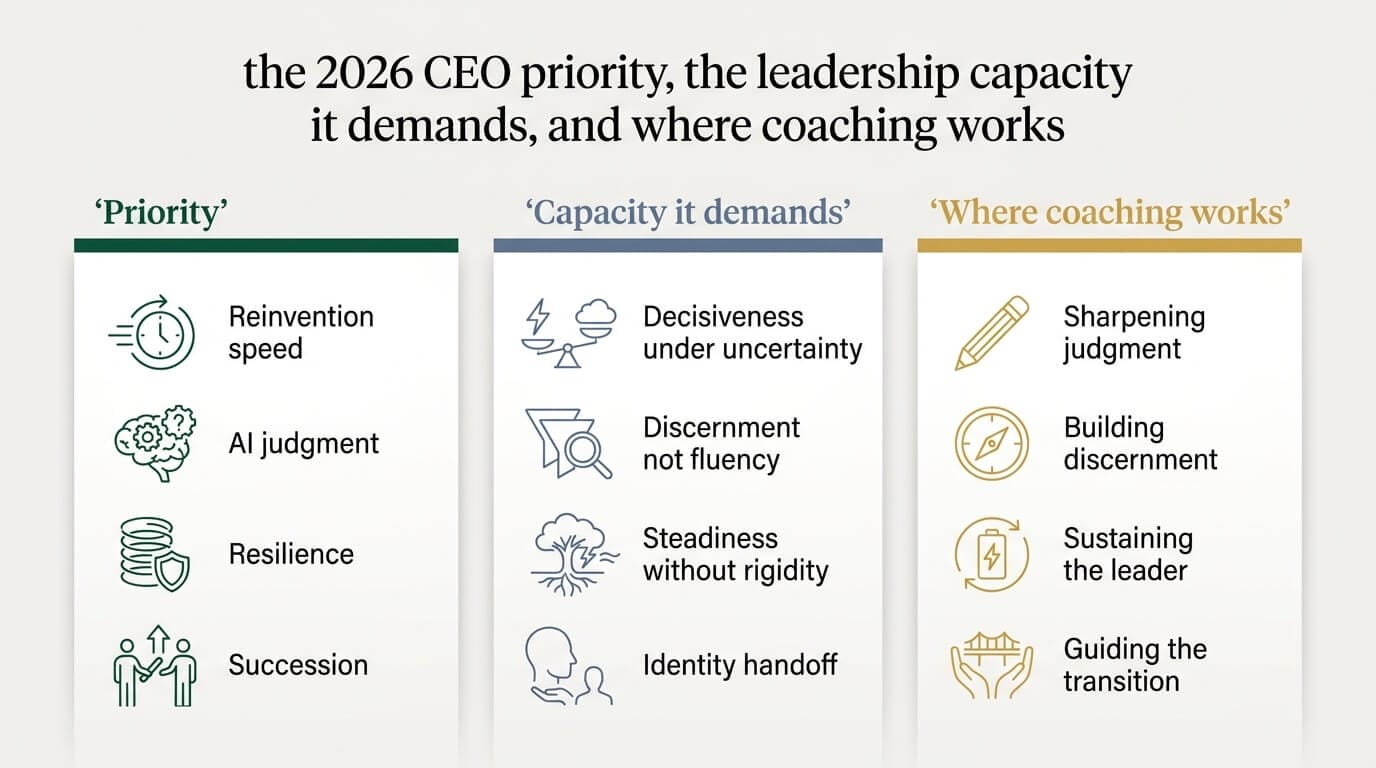 Three-column infographic mapping each 2026 CEO priority to the leadership capacity it demands and where executive coaching works