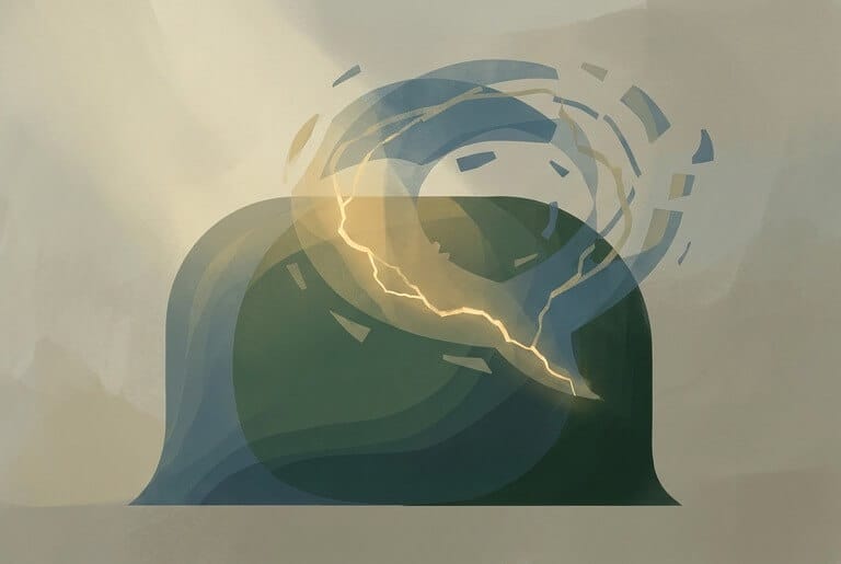 Abstract illustration of two overlapping conversational forms, one steady and one uncertain, representing a coach holding a client through AI disruption.