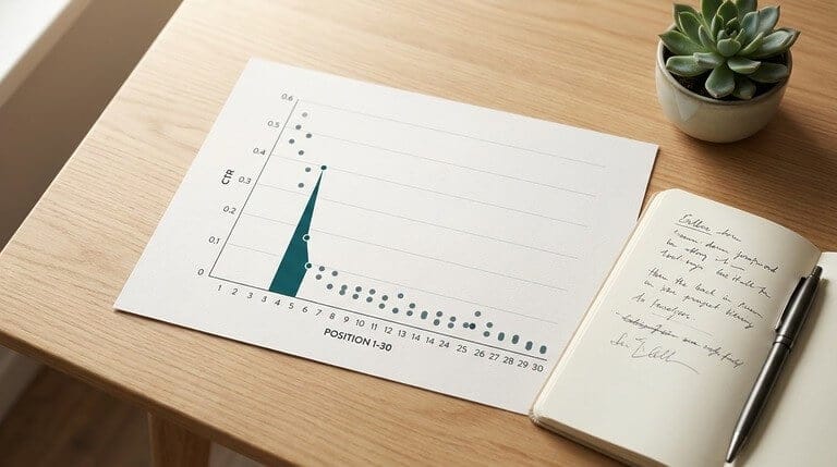 Top-down editorial photo of a desk with a printed coaching content CTR-by-position chart showing a steep cliff between positions 3 and 4, accompanied by handwritten analysis notes - the visual signature of original GSC search data study from 400+ coaching articles.