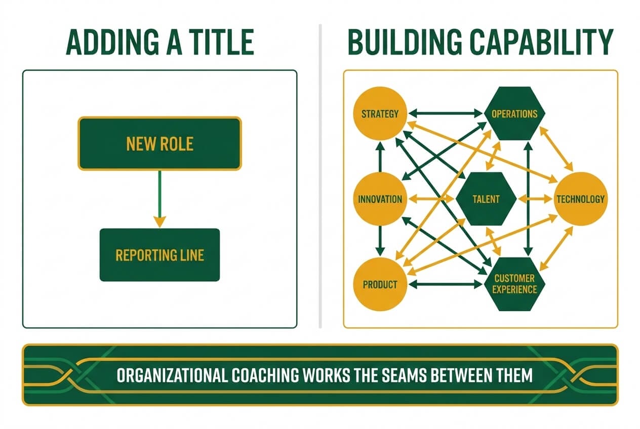 Infographic contrasting adding a title, shown as a single org-chart box with one reporting line, against building capability, shown as a connected network of nodes across multiple functions, with organizational coaching working the seams between them.