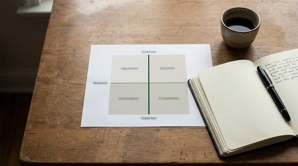A coach’s working desk with a printed 2x2 leadership styles quadrant diagram, a notebook with handwritten margin notes, a fountain pen, and a small cup of coffee — editorial overhead photograph evoking the diagnostic-essay framing of applied Situational Leadership.