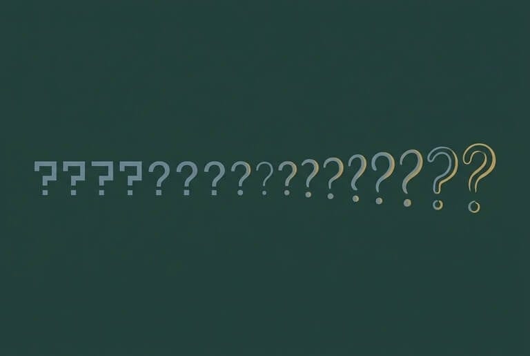 Editorial illustration of question marks shifting from machine-precise to hand-drawn forms, illustrating that coaching is a range rather than a single thing on one side of an automation line