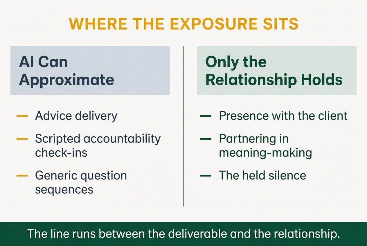 Two-column comparison showing what AI can already approximate in coaching - advice delivery, scripted accountability, generic question sequences - versus what only the human coaching relationship holds: presence, partnering, the held silence