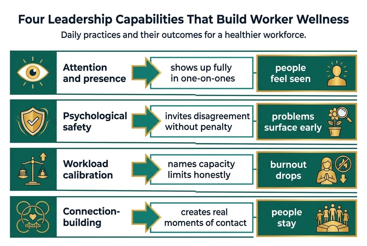 Infographic mapping four leadership capabilities - attention, psychological safety, workload calibration, and connection-building - to daily behaviors and worker wellness outcomes