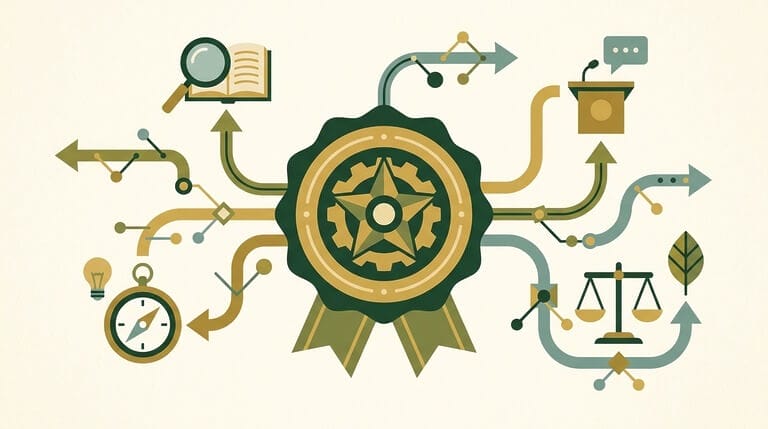 Conceptual illustration of a professional credential badge with branching career pathways, representing the choice of a career coach certification