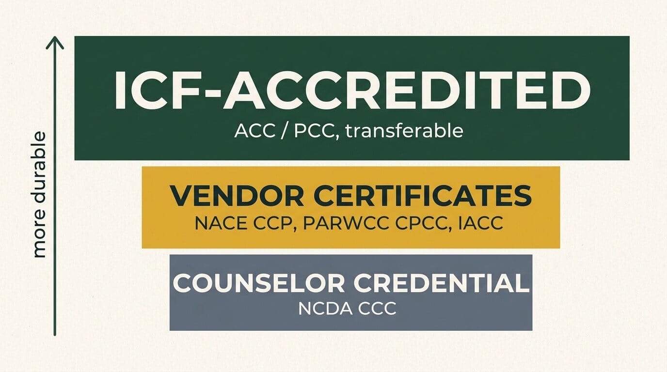 Rigor ladder of career coach certifications: ICF-accredited ACC and PCC at the top as transferable, vendor certificates NACE CCP, PARWCC CPCC and IACC in the middle, and the NCDA CCC counselor credential at the bottom