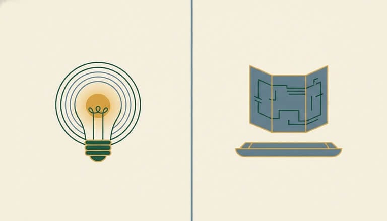 Abstract split illustration of coaching versus consulting - a self-generated insight on one side, a delivered solution on the other