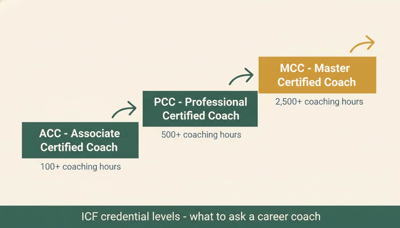 ICF credential ladder: ACC (100+ coaching hours), PCC (500+ hours), and MCC (2,500+ hours) certification levels for choosing a career coach