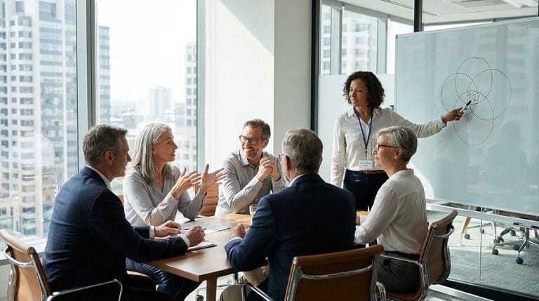 An organizational coach facilitating a senior leadership team around a system diagram in a modern office.