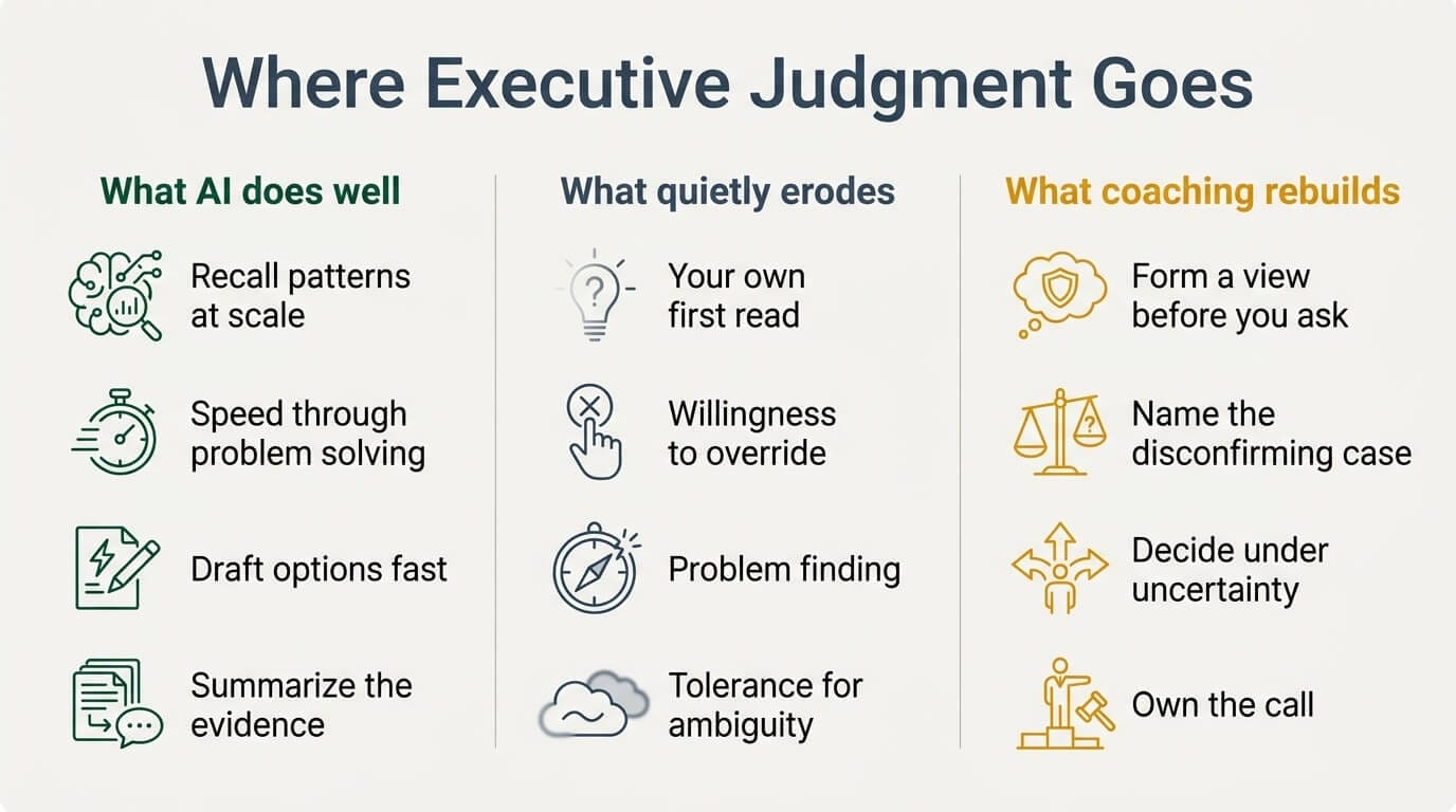 Three-column infographic showing what AI does well, what erodes in a leader’s judgment, and what coaching rebuilds