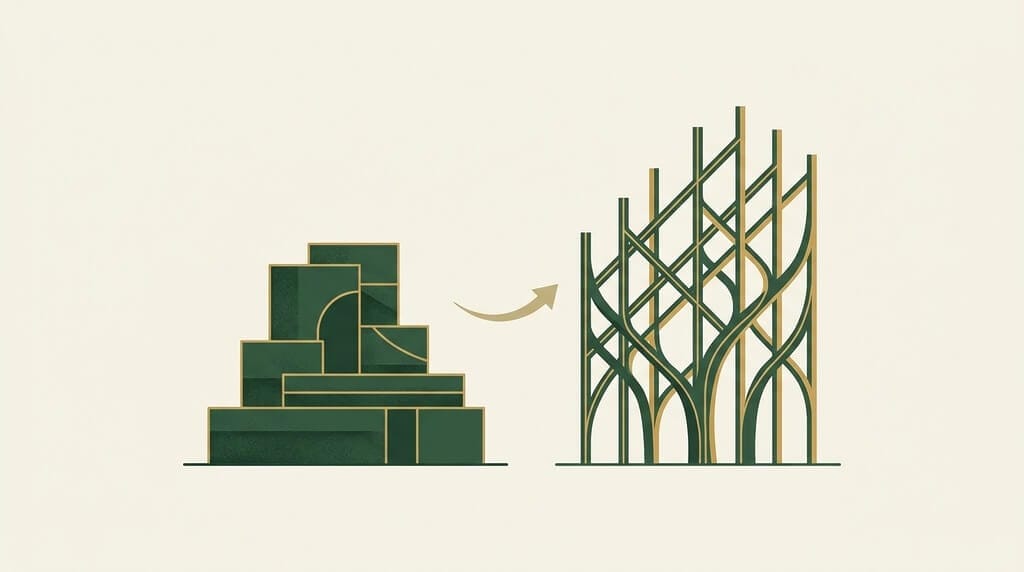 A stacked stone foundation on the left and an open lattice framework rising on the right, representing a coaching business built once and a practice that keeps growing.