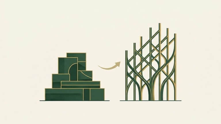 A stacked stone foundation on the left and an open lattice framework rising on the right, representing a coaching business built once and a practice that keeps growing.