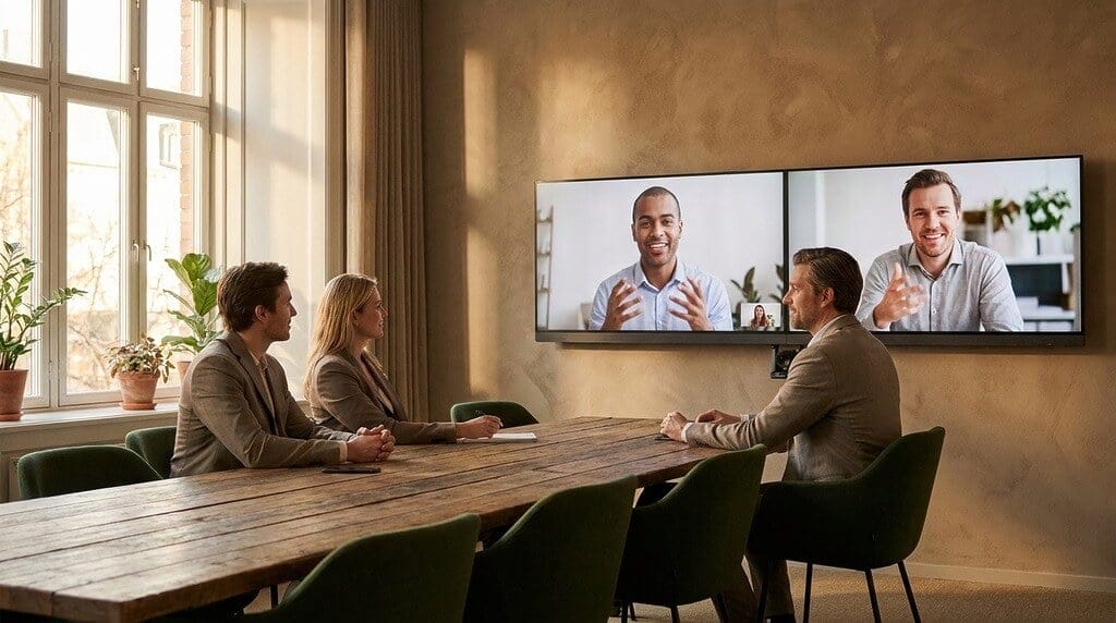 Three colleagues in a sparsely occupied meeting room facing two large screens showing remote teammates at near life size