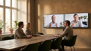 Three colleagues in a sparsely occupied meeting room facing two large screens showing remote teammates at near life size