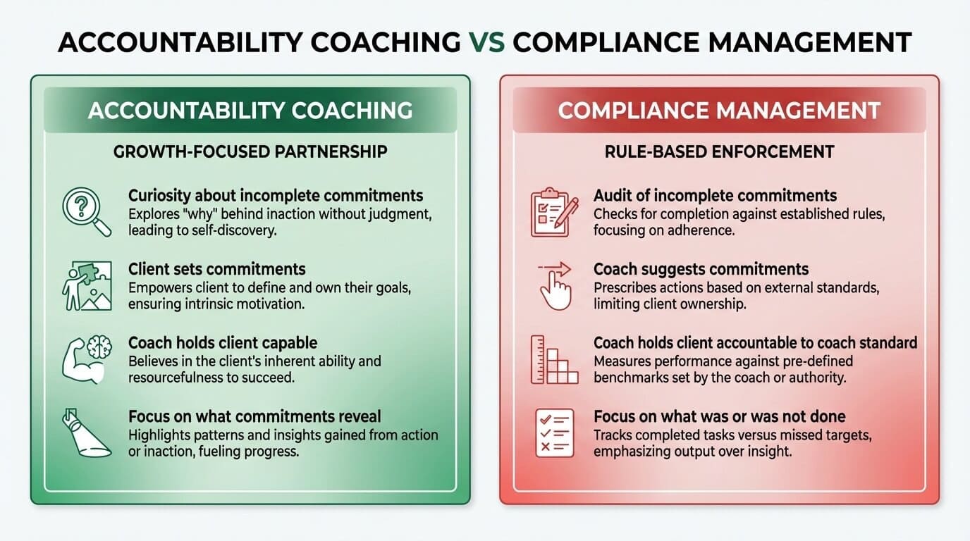 Comparison of accountability coaching versus compliance management: coaching uses curiosity, compliance uses audit