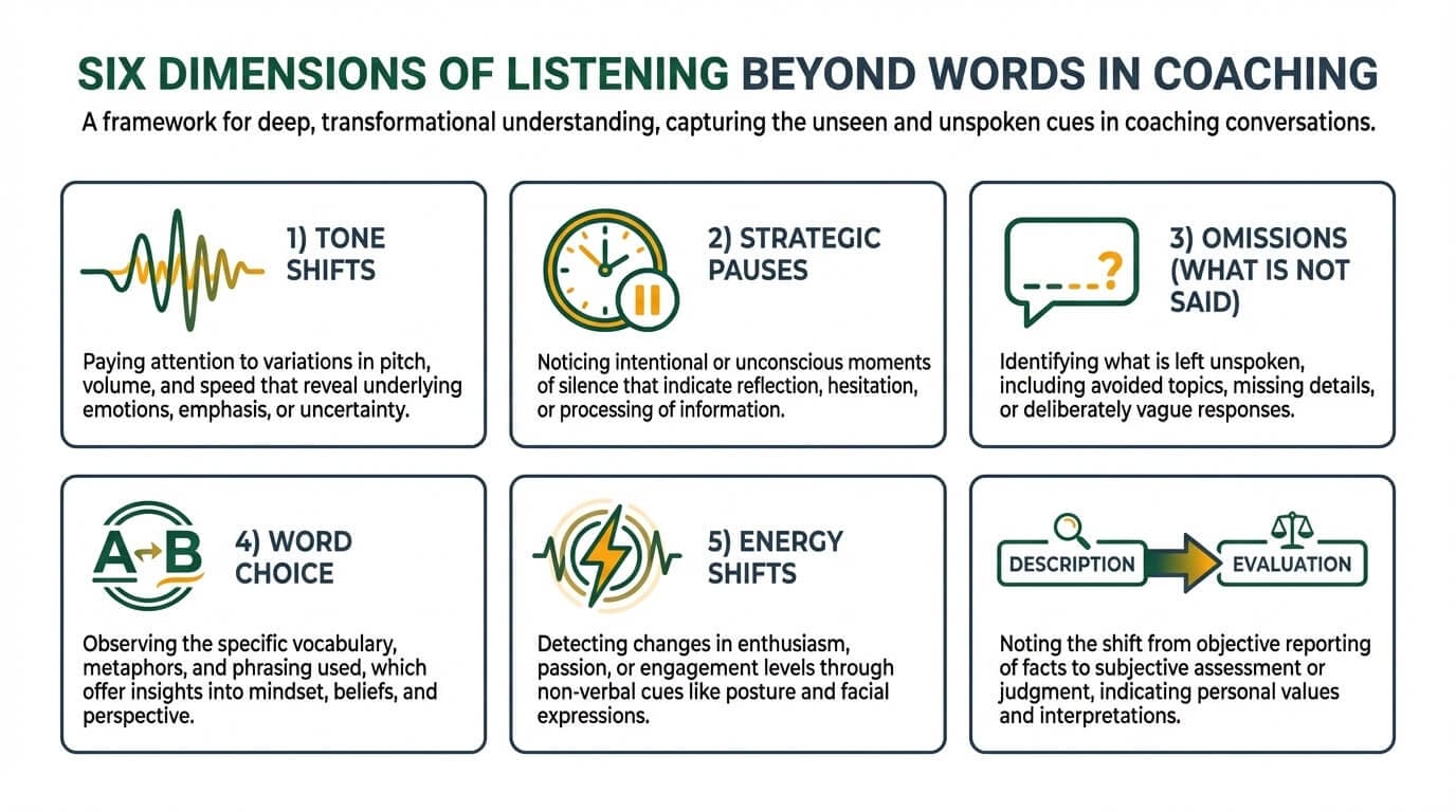 Six dimensions coaches listen for beyond words: tone shifts, pauses, omissions, word choice, energy changes, and description-to-evaluation transitions