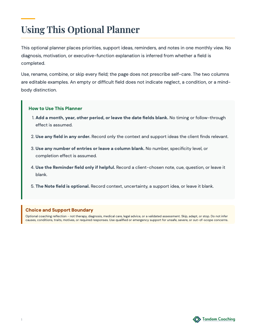 Monthly Well-Being Options Planner - preview