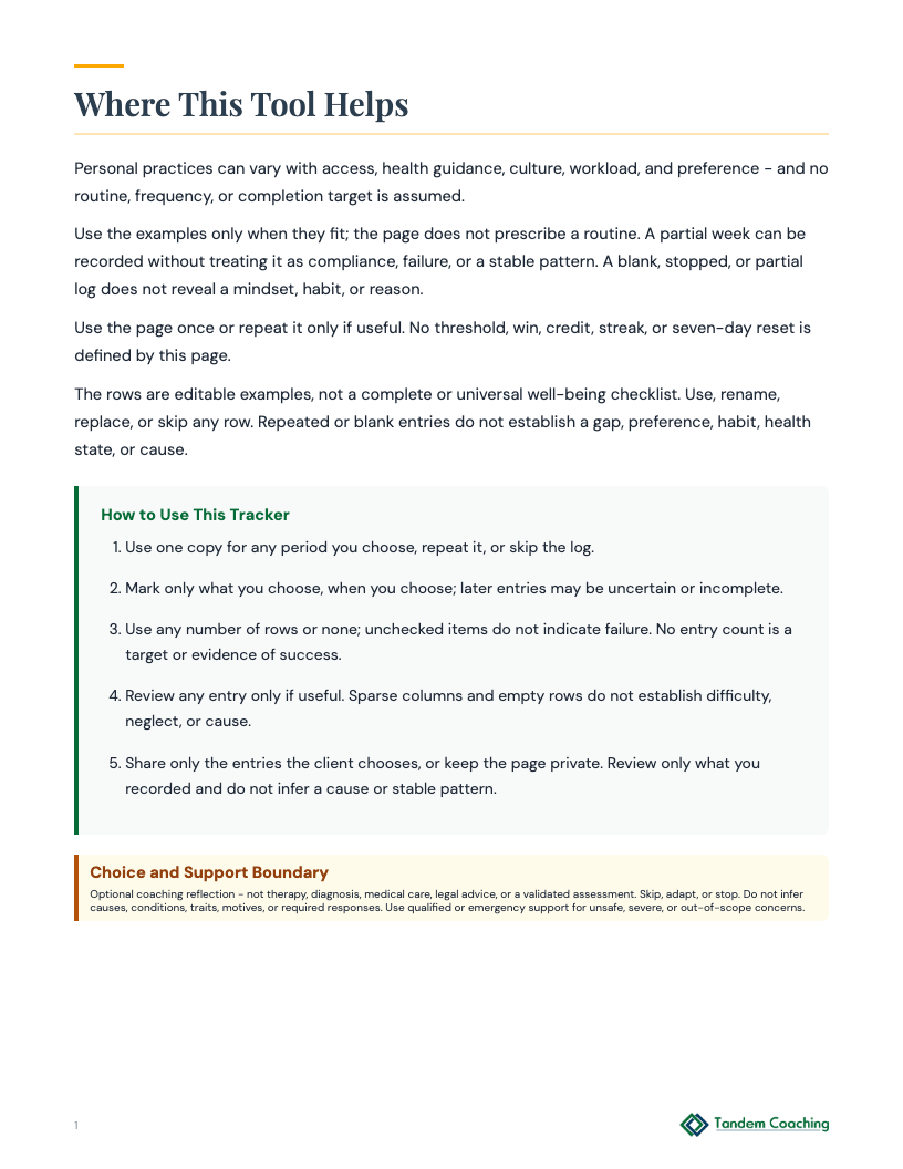 Weekly Personal Practices Log - preview