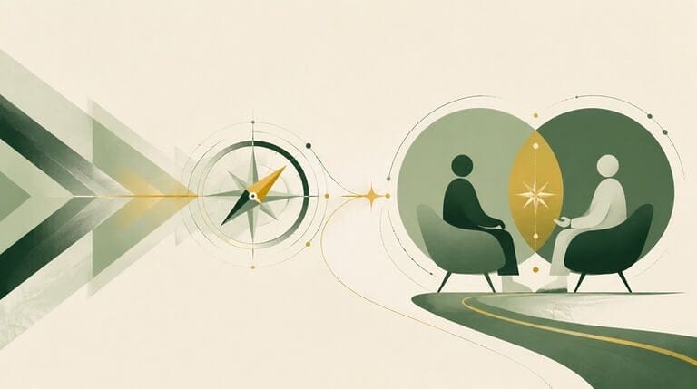 Editorial illustration of a military compass path transitioning into a one-to-one coaching partnership