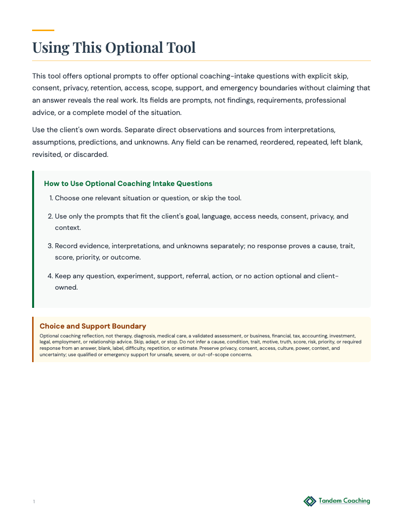 Optional Coaching Intake Questions - preview